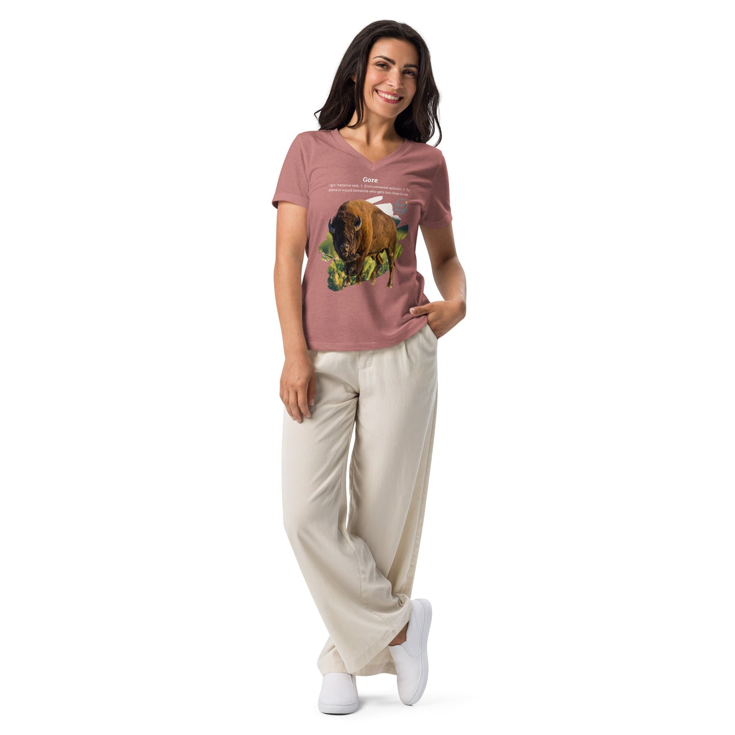 Park Snark Bison Warning on a Women’s Relaxed V - neck T-shirt - Travel Fam Park Guides