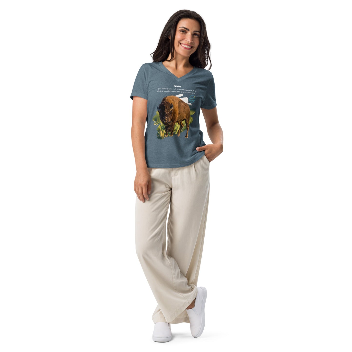 Park Snark Bison Warning on a Women’s Relaxed V - neck T-shirt - Travel Fam Park Guides