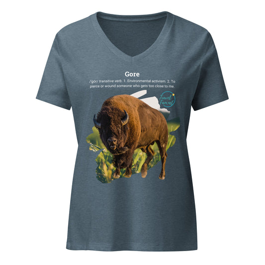 Park Snark Bison Warning on a Women’s Relaxed V - neck T-shirt - Travel Fam Park Guides