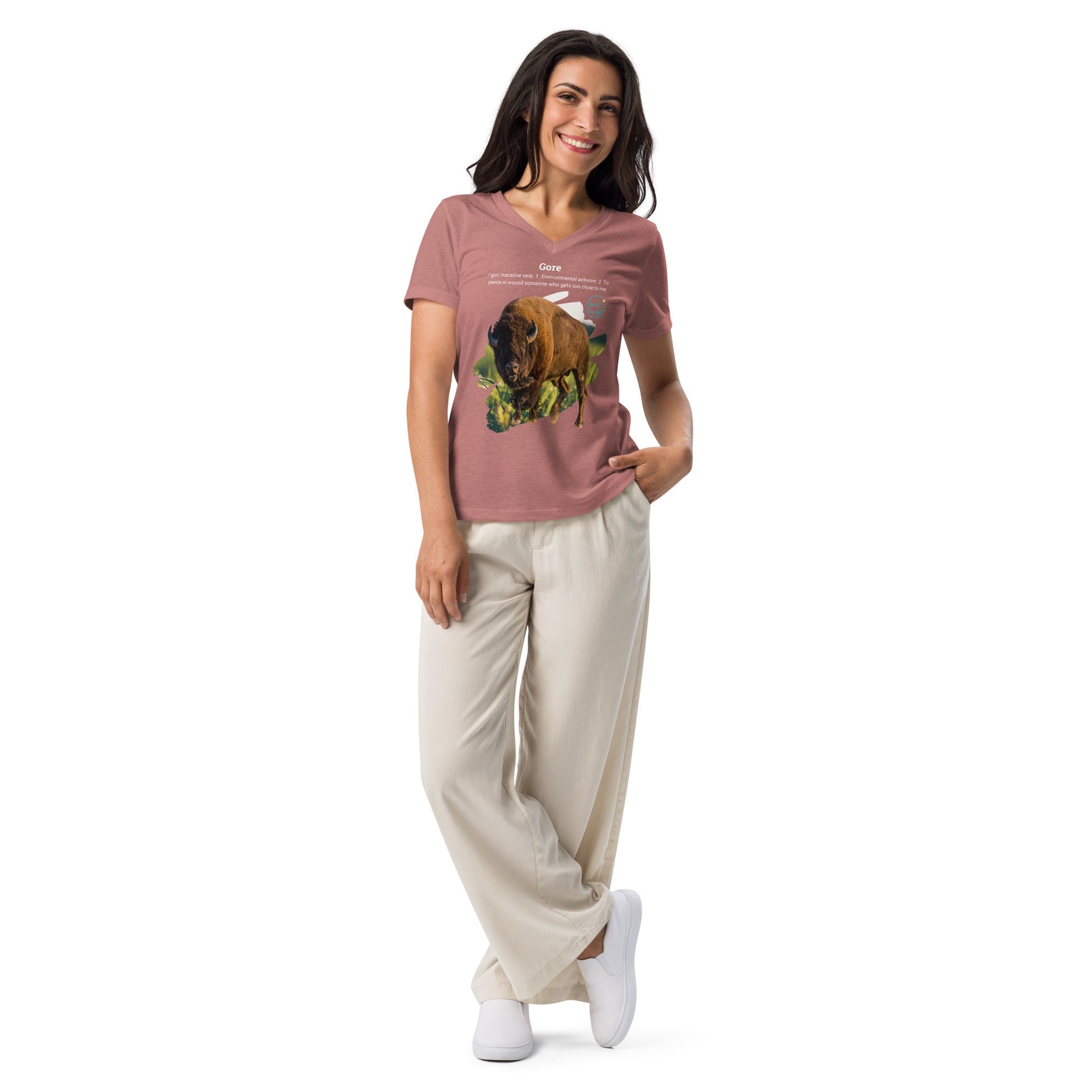 Park Snark Bison Warning on a Women’s Relaxed V - neck T-shirt - Travel Fam Park Guides
